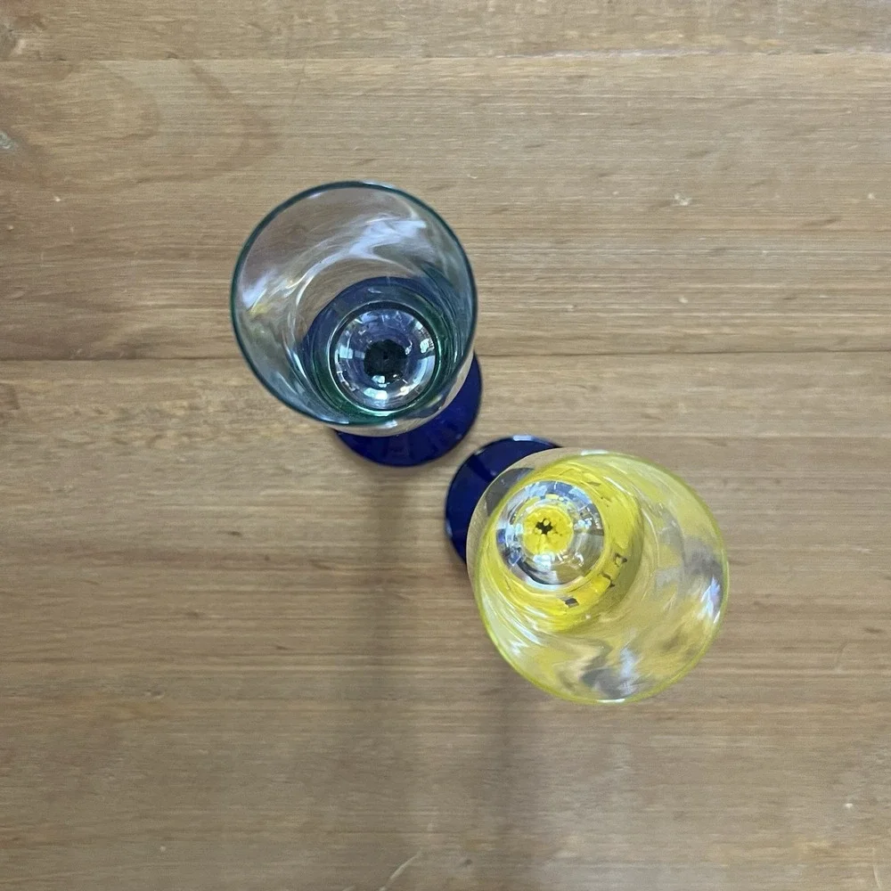 Set of 2 Dansk Colorful Art Glass Champagne Flutes Cobalt Blue Stemware Goblets
